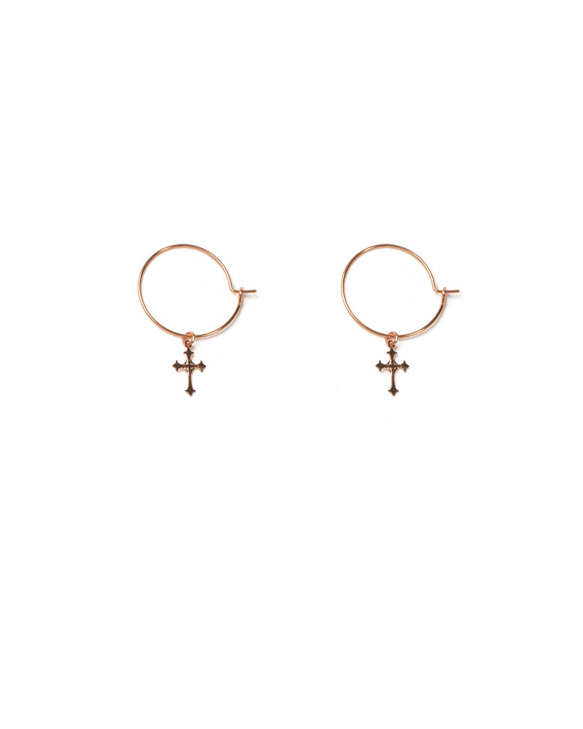 Rose Gold Tone Fine Hoop Cross Earrings