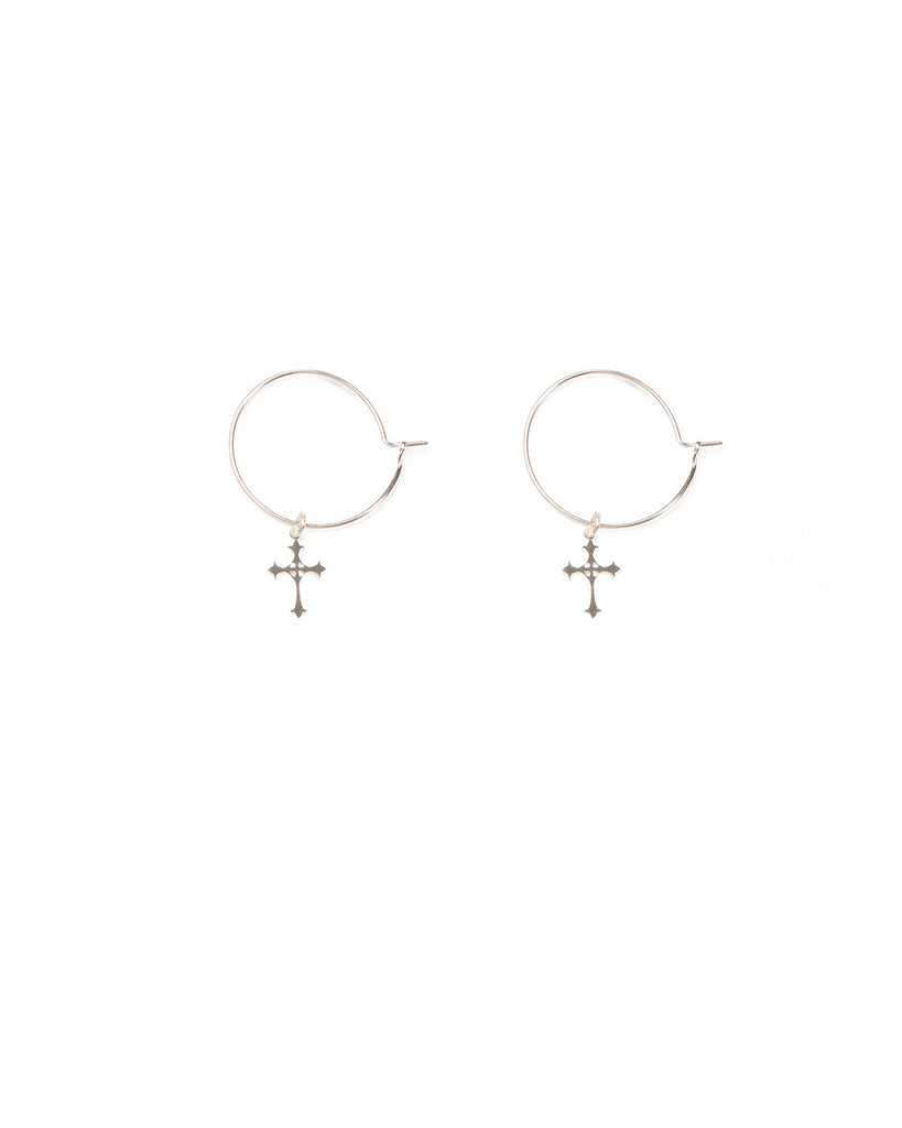 Silver Tone Fine 30Mm Hoop Cross Earrings