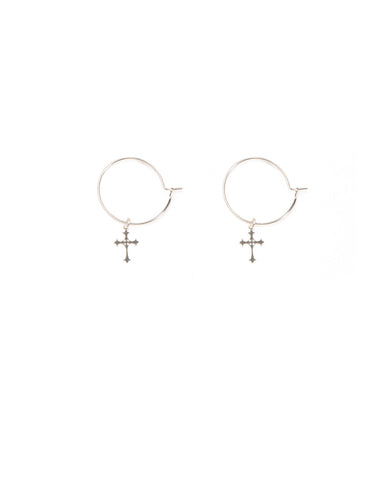 Silver Tone Fine 30Mm Hoop Cross Earrings