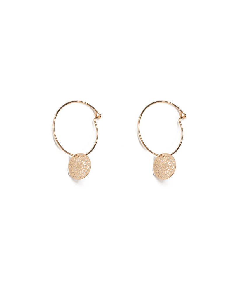 Gold Tone Filigree Disc Fine Hoop Earrings