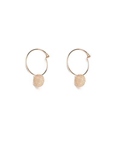 Gold Tone Filigree Disc Fine Hoop Earrings
