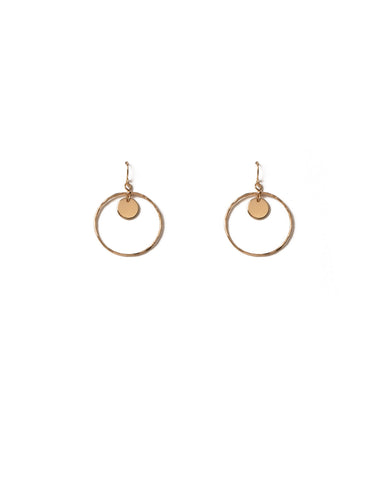 Gold Tone Hammered Hoop With Disc Drop Earrings