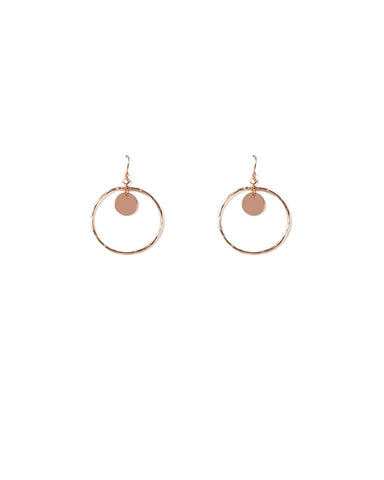 Rose Gold Tone Hammered Hoop With Disc Drop Earrings
