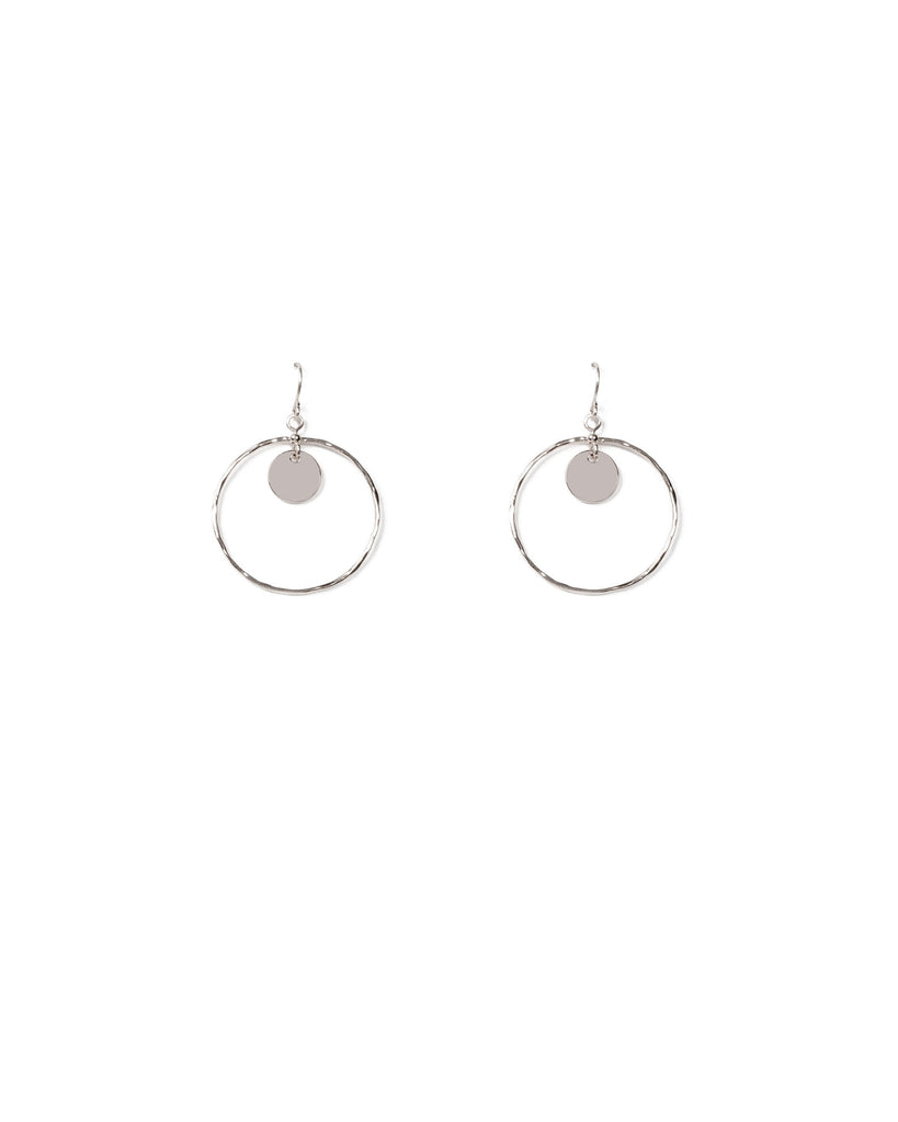 Silver Tone Hammered Hoop With Disc Drop Earrings