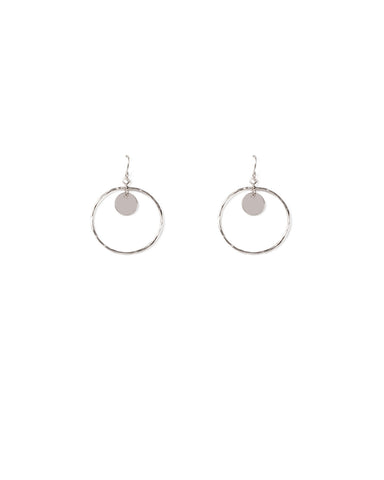 Silver Tone Hammered Hoop With Disc Drop Earrings