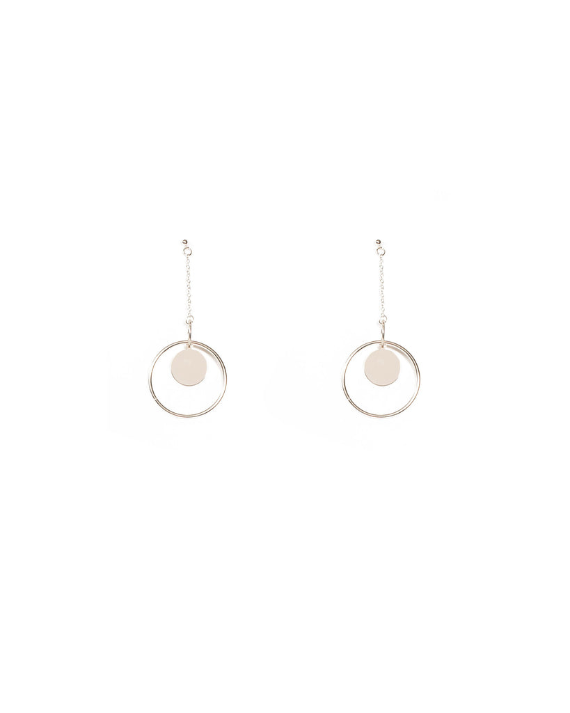 Silver Tone Double Hoop With Chain Disc Earrings
