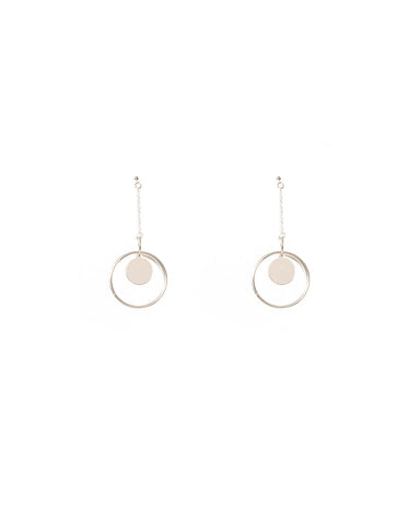 Silver Tone Double Hoop With Chain Disc Earrings