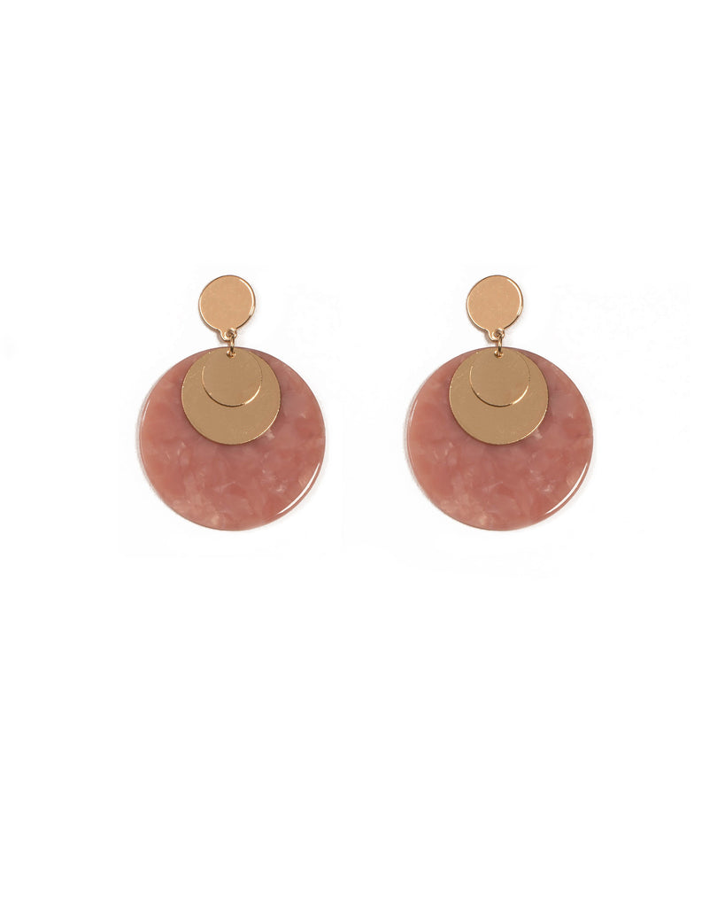 Pink Gold Tone Glitter Acrylic Metal Disc Drop Earrings
