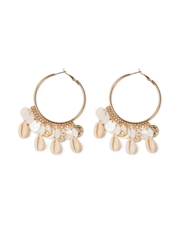 Ivory Gold Tone Shell Charms Hoop Statement Earrings