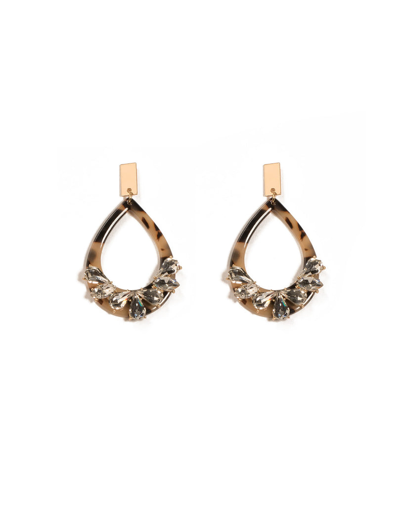 Brown Gold Tone Teardrop Crystal Encrusted Earrings