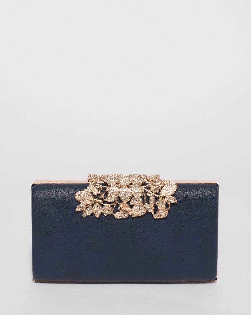 Navy Floral Clip Clutch Bag With Gold Hardware