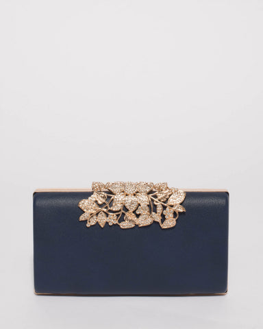 Navy Floral Clip Clutch Bag With Gold Hardware