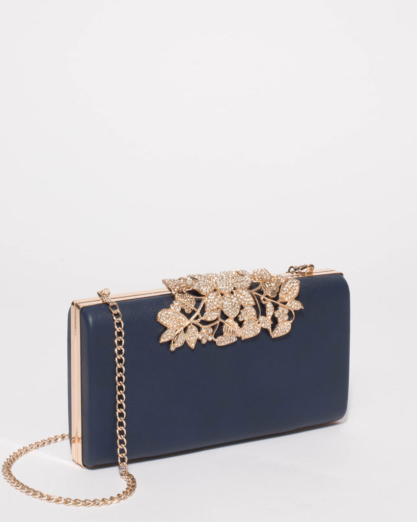 Navy Floral Clip Clutch Bag With Gold Hardware