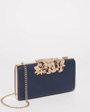 Navy Floral Clip Clutch Bag With Gold Hardware